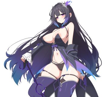 1girl absurdres areola_slip bare_shoulders black_dress black_hair black_panties breasts center_opening cleavage commission detached_sleeves dress gradient_hair hair_ornament halterneck highres large_breasts long_hair long_sleeves looking_at_viewer multicolored_hair navel no_bra original panties purple_eyes revealing_clothes second-party_source simple_background skindentation sleeveless sleeveless_dress solo spaghetti_strap stomach thigh_strap thighs underwear very_long_hair w.k waist_cape white_background