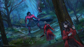 1girl 2boys 2girls archer_(fate) armor artist_name behind_tree bird bixclowart black_hair black_skirt breasts coat dagger dark-skinned_male dark_skin dress dual_wielding fate/stay_night fate_(series) forest fur_hat gem green_eyes hair_ribbon hat heracles_(fate) hiding highres holding holding_dagger holding_knife holding_weapon illyasviel_von_einzbern jewelry kanshou_&amp;_bakuya_(fate) knife long_hair long_sleeves medium_breasts multiple_boys multiple_girls muscular nameless_axe-sword_(fate) nature overcoat red_coat red_eyes ribbon short_hair skirt sword tohsaka_rin tree twintails_day two_side_up weapon white_hair winter_clothes