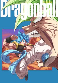 Rule 34 | 2boys, black vest, blue eyes, blue hair, blue sash, broly (dragon ball super), close-up, commentary request, copyright name, dragon ball, dragon ball super, dragon ball super broly, full body, gogeta, green hair, highres, legendary super saiyan, metamoran vest, multiple boys, muscular, muscular male, no10hei30, pants, profile, sash, spiked hair, super saiyan, super saiyan blue, vest, white pants
