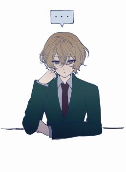 ... 1boy absurdres blonde_hair closed_mouth collared_shirt cowboy_shot cropped_torso formal_clothes green_suit hair_between_eyes highres limbus_company long_sleeves looking_at_viewer male_focus necktie project_moon red_necktie school_uniform shirt short_hair simple_background sinclair_(project_moon) sitting solo speech_bubble suit tsuki_(haseus2) white_background white_shirt yellow_eyes