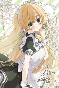 1girl 2025 alternate_costume apron black_dress blonde_hair blush braid clenched_hand comiket_106 commentary_request cowboy_shot dated dress enmaided floating_hair floral_background flower frilled_apron frills from_side green_eyes green_ribbon hair_between_eyes hair_ribbon hand_up heart highres kami_no_ue_no_mahou_tsukai long_hair long_ribbon looking_at_viewer maid maid_apron maid_headdress neck_ribbon parted_lips puffy_short_sleeves puffy_sleeves ribbon rose sakaniwa_t short_sleeves side_braid signature simple_background solo straight_hair tsukiyashiro_kisaki very_long_hair white_apron white_background white_flower white_rose white_wrist_cuffs wrist_cuffs yellow_ribbon