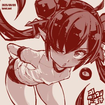1girl ;o ahoge backbeako_(torotei) backbeard bent_over blush breasts buruma commentary covered_erect_nipples dated dated_commentary gegege_no_kitarou gym_shirt gym_uniform hair_over_one_eye hair_ribbon hand_on_own_ass kono_lolicon_domome long_hair looking_at_viewer monochrome one_eye_closed open_mouth original paid_reward_available pointy_ears red_theme ribbon shirt simple_background small_breasts solo sweat torotei translated twintails watermark web_address white_background