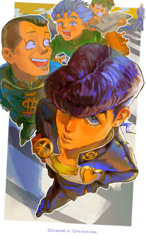 5girls absurdres anchor_symbol blue_eyes blue_hair copyright_name diamond_wa_kudakenai dollar_sign earrings formal_clothes from_above gakuran green_hair green_headband headband higashikata_josuke highres hirose_koichi holding holding_sketchbook jewelry jojo_no_kimyou_na_bouken kira_yoshikage kishibe_rohan male_focus multiple_girls nijimura_okuyasu peace_symbol pompadour purple_suit school_uniform short_hair sketchbook suit uu0000322 yen_sign