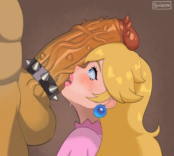 1boy 1girl artist_name blonde_hair blue_eyes blush bowser brown_background close-up dress earrings eyebrows eyelashes food from_behind fruit furry furry_male furry_with_non-furry hetero highres huge_penis interspecies jewelry lipstick long_hair looking_at_penis makeup mario_(series) nintendo open_mouth peach penis penis_awe penis_on_face pink_dress pink_lips princess_peach profile shinom0079 simple_background solo_focus teeth testicles uncensored upper_teeth_only veins veiny_penis