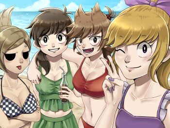 4girls alternate_hair_color animification antenna_hair arm_around_shoulder bandage_on_cheek bandage_on_face bandages beach bikini blonde_hair bow breasts bright_pupils brown_hair checkered_bikini checkered_clothes cleavage commentary crossed_arms eddsworld ell_(eddsworld) english_commentary fang green_bikini green_eyes grin hair_bobbles hair_bow hair_ears hair_ornament highres hollow_eyes jitome kashimiato large_breasts long_hair looking_at_viewer low_ponytail matilda_(eddsworld) medium_breasts medium_hair multiple_girls ocean one_eye_closed open_mouth outdoors ponytail purple_bikini purple_bow purple_nails red_bikini red_eyes sand short_hair skirt small_breasts smile standing swimsuit tamara_(eddsworld) tankini tongue tongue_out topknot tori_(eddsworld) upper_body v water white_pupils