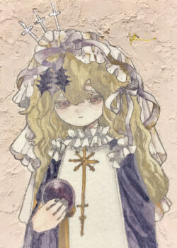 Rule 34 | 1girl, acrylic paint (medium), blonde hair, bow, brown eyes, closed mouth, commentary request, cross, dress, expressionless, frills, hair between eyes, hair bow, hair ornament, hair ribbon, highres, holding, karintoun, long hair, long sleeves, looking at viewer, original, painting (medium), pale skin, purple bow, ribbon, robe, sidelocks, signature, simple background, straight-on, traditional media, upper body, veil, watercolor (medium), wavy hair