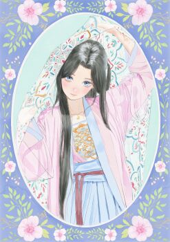 1girl absurdres beizi_(clothing) black_hair blue_eyes chinese_clothes chinese_commentary circle commentary_request flower hanfu highres jewelry leaf long_hair long_sleeves looking_at_viewer necklace original painting_(medium) pink_flower shangguan_rushi skirt smile solo traditional_media upper_body watercolor_(medium)