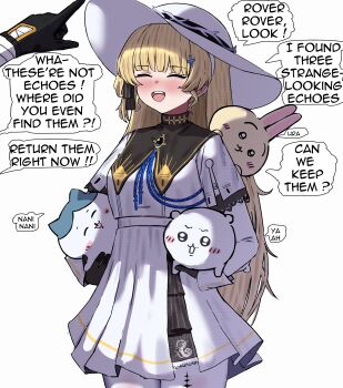 1boy 1girl 2na_(blue2na) absurdres animal black_gloves blonde_hair blush breasts chiikawa chiikawa_(character) closed_eyes commentary crossover english_commentary english_text gloves hachiware_(chiikawa) hair_ornament hat high-waist_skirt highres holding holding_animal long_hair long_sleeves male_rover_(wuthering_waves) medium_breasts open_mouth out_of_frame pantyhose phoebe_(wuthering_waves) rover_(wuthering_waves) shirt simple_background skirt smile usagi_(chiikawa) very_long_hair white_background white_hat white_pantyhose white_shirt white_skirt wuthering_waves x_hair_ornament