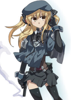 1girl akatoro_(nightlord) belt beret black_gloves black_necktie black_thighhighs blonde_hair break-action_flare_gun break-action_pistol cable capelet cowboy_shot cropped_jacket erma_werke eyebrows female_focus flare_gun gloves gun hair_ribbon hand_on_headphones handgun hat headphones highres leuchtpistole long_hair military military_uniform modular_weapon_system necktie original pistol plug pouch ribbon simple_background skirt smoke smoking_barrel solo standing thighhighs throat_microphone transforming_weapon two_side_up walther weapon white_background yellow_eyes zettai_ryouiki