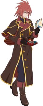 Rule 34 | 1boy, artist request, black gloves, black pants, boots, box, brown boots, brown coat, brown eyes, card, chocolate, closed mouth, coat, full body, game cg, gloves, gold trim, highres, holding, holding box, holding card, kratos aurion, long coat, looking at card, looking at object, male focus, medium hair, official alternate costume, official art, pants, red hair, smile, solo, standing, tales of (series), tales of asteria, tales of symphonia, third-party source, transparent background