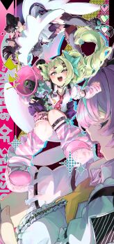 Rule 34 | 3girls, :>, absurdres, angels of delusion, aqua bow, aqua hair, aria (zenless zone zero), arm warmers, black hair, black thighhighs, bow, breast pocket, closed eyes, collared shirt, commentary request, dot nose, frills, green eyes, grey hair, hair ornament, heart, highres, holding, holding megaphone, leg warmers, legband, long hair, megaphone, multicolored arm warmers, multicolored hair, multicolored leg warmers, multiple girls, nail polish, nangong yu, necktie, nervous sweating, open mouth, pink arm warmers, pink hair, pink leg warmers, pink shoes, pocket, red nails, red necktie, robot girl, shirt, shoes, short sleeves, star (symbol), striped arm warmers, striped leg warmers, sunna (zenless zone zero), sweat, t1tsu kyun, teeth, thighhighs, upper teeth only, white arm warmers, white leg warmers, white shirt, wings, x hair ornament, zenless zone zero