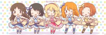 5girls :d ;d ^_^ black_boots black_shorts black_socks blonde_hair blue_shorts blue_skirt blue_socks blush boots bow braid brown_dress brown_eyes brown_hair chibi closed_eyes colored_shadow commentary_request dress eighth_note facing_viewer fold-over_boots forehead fortissimo frilled_skirt frills green_eyes hair_between_eyes hair_bow hair_ornament hairclip highres holding holding_microphone idolmaster idolmaster_cinderella_girls idolmaster_cinderella_girls_starlight_stage idolmaster_cinderella_girls_u149 long_hair looking_at_viewer microphone mitarashi_neko multicolored_polka_dots multiple_girls musical_note musical_note_hair_ornament one_eye_closed open_mouth orange_hair pink_skirt pink_socks polka_dot polka_dot_background purple_eyes ryuzaki_kaoru sailor_collar sailor_dress sakurai_momoka sasaki_chie shadow short_hair shorts skirt smile socks standing star_(symbol) tachibana_arisu teeth translation_request upper_teeth_only very_long_hair white_background white_bow white_sailor_collar wrist_cuffs yuuki_haru