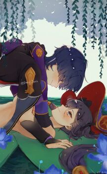 Rule 34 | 1boy, 1girl, arms around neck, arms up, black gloves, black hair, blue eyes, blue flower, blue hair, blush, breasts, clothed male nude female, couple, dengjenk, elbow gloves, flower, from side, genshin impact, gloves, hair ornament, hair ribbon, hat, hetero, highres, japanese clothes, large hat, light smile, long hair, looking at another, lying, medium hair, mona (genshin impact), nude, on back, plant, ribbon, scaramouche (genshin impact), topless female, twintails, very long hair, vines