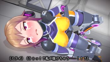 1girl 3d agent_mirai ahegao blender_(medium) blush bodysuit breasts brown_hair covered_erect_nipples crying empty_eyes highres impossible_bodysuit impossible_clothes lying medium_breasts mind_control mirai_(agent_mirai) on_back open_mouth personality_excrement purple_eyes restrained rolling_eyes short_hair skin_tight solo tears umaaji_lady_mk2