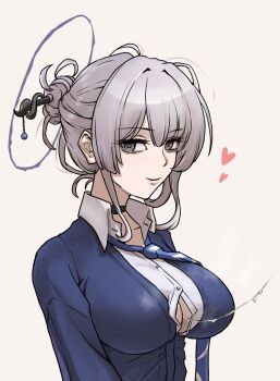 1girl after_paizuri black_choker blue_cardigan blue_necktie breasts button_gap cardigan choker collared_shirt commentary_request cum cum_string grey_eyes grey_hair grey_halo hair_bun hair_ornament hair_stick halo heart itokonoue_kaoru large_breasts light_smile long_sleeves looking_at_viewer looking_to_the_side loose_hair_strand loose_necktie necktie necktie_overhang niceratus_kiotensis open_collar project_kv shirt sidelocks simple_background single_hair_bun solo stream upper_body white_background white_shirt wing_collar