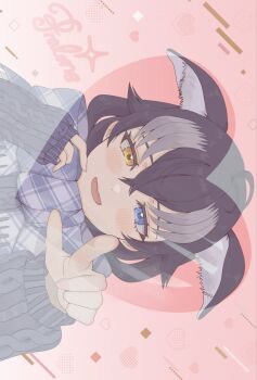 Rule 34 | 1girl, alternate costume, ancolatte (onikuanco), animal ears, blue eyes, blue sweater, blush, commentary, ears down, extra ears, fang, grey hair, grey scarf, grey wolf (kemono friends), hair between eyes, heart, heterochromia, highres, kemono friends, long hair, long sleeves, looking at viewer, multicolored hair, plaid clothes, plaid scarf, scarf, sidelocks, sideways, smile, solo, sweater, symbol-only commentary, white hair, wolf ears, wolf girl, yellow eyes