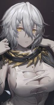 1girl bare_shoulders belt breasts cleavage code_vein dress free_style_(yohan1754) gradient_background hair_between_eyes hands_up highres io_(code_vein) jewelry large_breasts looking_at_viewer necklace pale_skin parted_lips short_hair silver_hair solo teeth torn_clothes torn_dress upper_body white_dress yellow_eyes