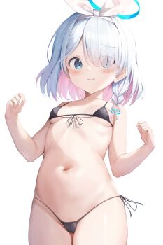 1girl absurdres alternate_costume arona_(blue_archive) bare_arms bare_legs bare_shoulders blue_archive blue_eyes blue_hair blue_halo blush braid breasts cameltoe closed_mouth colored_inner_hair cowboy_shot eyes_visible_through_hair female_focus hair_over_one_eye halo has_bad_revision has_downscaled_revision highres legs_together loli looking_at_viewer md5_mismatch multicolored_hair navel pink_hair resolution_mismatch short_hair simple_background single_braid small_breasts solo source_smaller standing stomach tateishi_kureha white_background
