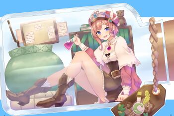 1girl :d absurdres atelier_(series) atelier_rorona belt blue_eyes blush book bookshelf boots bottle breasts brown_belt brown_boots brown_hair bulletin_board cauldron cleavage dress flask full_body hat highres holding holding_flask in_bottle in_container jacket knee_boots liquid long_sleeves looking_at_viewer open_mouth paper pink_hat pink_jacket rorolina_frixell short_hair sitting small_breasts smile solo stuffed_animal stuffed_toy teddy_bear uhouhogorigori