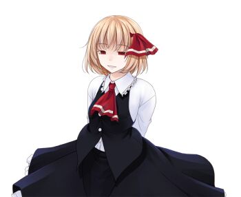 Rule 34 | 1girl, arms behind back, ascot, black skirt, black vest, blonde hair, buttons, collared shirt, commentary request, cowboy shot, crote, frilled shirt collar, frilled skirt, frills, hair ribbon, half-closed eyes, large variant set, long sleeves, parted lips, red ascot, red eyes, red ribbon, ribbon, rumia, sanpaku, shirt, shirt tucked in, short hair, skirt, smile, solo, tachi-e, touhou, transparent background, variant set, vest, white shirt, wing collar