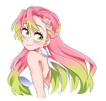 1girl bow green_eyes highres kanroji_mitsuri kimetsu_no_yaiba looking_back multicolored_hair soyeonp19 white_background white_bow