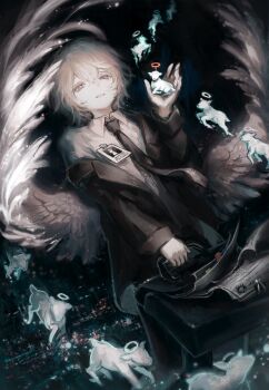 1other androgynous angel_wings baby_animal black_coat black_necktie city_lights coat collared_shirt cropped_legs feathered_wings grey_eyes grey_hair hair_between_eyes halo highres holding holding_suitcase lamb name_tag necktie original other_focus page_nak1 sheep shirt short_hair solo suitcase white_fur white_shirt white_wings wings