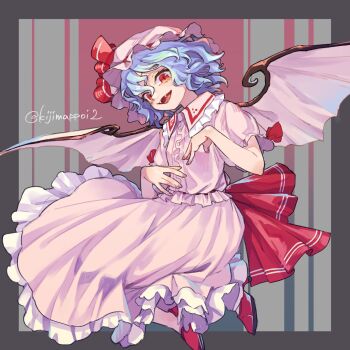 1girl back_bow bat_wings blue_hair border bow buttons collar commentary_request fangs frilled_collar frilled_skirt frills full_body grey_background grey_border hat hat_ribbon high_heels highres kijima_(amayadori-tei) mob_cap open_mouth pink_hat pink_shirt pink_skirt pink_wings red_bow red_eyes red_ribbon red_shoes remilia_scarlet ribbon shirt shoes short_sleeves skirt slit_pupils smile solo striped_background touhou twitter_username wings