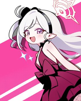 1girl armpit_crease bare_shoulders blue_archive blush breasts choker dress earrings fishnet_pantyhose fishnets hairband halo highres jewelry jorang_(jorang08) long_hair looking_at_viewer looking_to_the_side mutsuki_(blue_archive) mutsuki_(dress)_(blue_archive) open_mouth pantyhose pointy_ears purple_eyes red_dress shadow sleeveless sleeveless_dress small_breasts smile solo sparkle two-tone_background upper_body white_hair