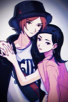1boy 1girl amano_maya black_hair black_hat black_jacket brown_eyes brown_hair bucket_hat earrings fanny_pack film_grain hahamusutaaaa hat highres interlocked_fingers jacket jewelry looking_at_viewer official_alternate_costume open_clothes open_jacket persona persona_2 persona_2_batsu persona_2_tsumi pink_jacket pink_nails print_shirt shirt short_hair spotlight striped_clothes striped_jacket suou_tatsuya t-shirt vertical-striped_clothes vertical-striped_jacket white_shirt