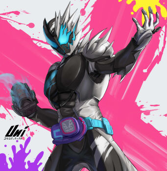 1boy absurdres armor asymmetrical_armor black_armor blue_eyes bodysuit clenched_hand commentary commentary_request compound_eyes cowboy_shot demon_boy dutch_angle full_body helmet highres ink kamen_rider kamen_rider_jack_revice kamen_rider_revi kamen_rider_revice male_focus monsterification official_alternate_costume paint_splatter revice_driver rider_belt rolling_vistamp sharp_teeth shoulder_armor signature simple_background spiked_armor spikes splatter_print teeth tokusatsu unique_(pixiv12704744) weapon white_background