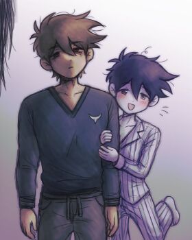 2boys absurdres antenna_hair barefoot black_eyes blue_sweater blush brown_hair collarbone colored_skin commentary dark-skinned_male dark_skin double-parted_bangs dual_persona english_commentary grey_pants hair_between_eyes hands_on_another's_arm hero_(faraway)_(omori) hero_(headspace)_(omori) hero_(omori) highres long_sleeves looking_at_viewer male_focus multiple_boys omori open_mouth pajamas pants purple_eyes purple_hair setosexual short_hair smile something_(omori) striped_clothes striped_pajamas striped_pants sweater vertical-striped_clothes vertical-striped_pajamas vertical-striped_pants white_pajamas white_pants white_skin