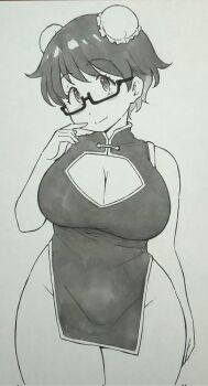 1girl black_gloves breasts china_dress chinese_clothes cleavage cleavage_cutout clothing_cutout curvy double_bun dress glasses gloves gyupolo9 hair_bun highres imari_youko large_breasts ruri_no_houseki short_hair simple_background traditional_media white_background wide_hips