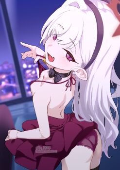 1girl beiske_(de_skb3) black_hairband blue_archive bow bow_choker choker dress earrings fang hairband halo highres jewelry loli looking_at_viewer mutsuki_(blue_archive) mutsuki_(dress)_(blue_archive) official_alternate_costume panties pearl_earrings pointy_ears purple_eyes red_dress red_halo red_panties skin_fang sleeveless sleeveless_dress solo underwear wavy_ends white_hair