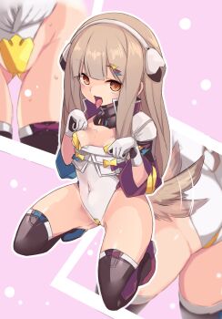 1girl afterimage boots breasts brown_boots brown_eyes brown_hair commentary_request copyright_request covered_navel gloves groin karukan_(monjya) leotard long_hair long_sleeves looking_at_viewer multiple_views paw_pose pink_background saliva small_breasts tail tail_wagging thigh_boots tongue tongue_out very_long_hair white_gloves white_leotard wide_sleeves