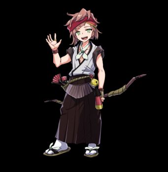 Rule 34 | 1boy, bell, black background, black hakama, bow (weapon), brown hair, collarbone, full body, green eyes, hairband, hakama, hakama skirt, hand up, hibuki (merc storia), highres, holding, holding bow (weapon), holding weapon, japanese clothes, jewelry, kimono, merc storia, merc storia art team, official art, open hand, open mouth, quiver, red hairband, ring, short hair, simple background, skirt, sleeves rolled up, smile, socks, solo, spread fingers, standing, tachi-e, teeth, upper teeth only, waraji, weapon, white kimono, white socks