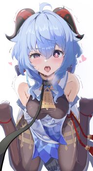 1girl absurdres ahoge bare_shoulders bdsm bell black_gloves black_pantyhose blue_hair blush bow breasts collar commentary_request detached_sleeves ganyu_(genshin_impact) genshin_impact gloves gold_trim half-closed_eyes halterneck heart heart-shaped_pupils highres horns jewelry leash long_hair looking_at_viewer medium_breasts moni_(moni7475) neck_bell no_gloves ohhoai pantyhose purple_eyes red_rope rope sidelocks sitting slave solo symbol-shaped_pupils tassel thighlet twitching viewer_holding_leash wariza white_background white_sleeves