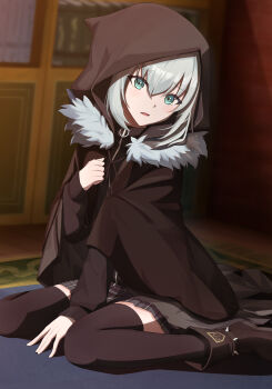 1girl absurdres between_legs black_cape black_footwear black_ribbon black_shirt black_thighhighs blue_eyes cape fate_(series) gray_(fate) grey_skirt hair_between_eyes hand_between_legs highres hood hood_up hooded indoors long_sleeves looking_at_viewer lord_el-melloi_ii_case_files miniskirt open_mouth plaid_clothes plaid_skirt pleated_skirt ribbon shirt short_hair silver_hair sitting skirt solo thighhighs wariza yihiun zettai_ryouiki