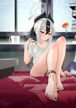 1girl anklet black_hair black_horns black_nails black_panties blue_archive blue_sky blush bra_strap breasts cleavage closed_mouth commentary_request cup day demon_girl demon_horns demon_wings earclip feet flower foot_focus grey_halo hair_between_eyes halo highres horns indoors jewelry karasu-san_(syh3iua83) kayoko_(blue_archive) long_hair looking_at_viewer medium_breasts mug multicolored_hair nail_polish no_pants panties ponytail red_eyes ribbon shirt single_wing sitting sky smile solo t-shirt toenail_polish toenails two-tone_hair underwear white_hair white_shirt window wings