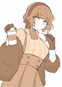 Rule 34 | 1girl, blunt sidelocks, cup, disposable coffee cup, disposable cup, dress, fur jacket, hair bun, hair ribbon, high-waist skirt, highres, jacket, kantai collection, long hair, mogador (kancolle), mogador (saury festival) (kancolle), monochrome, nagi kantai114, official alternate costume, overall skirt, pleated dress, ribbed sweater, ribbon, sepia, sidelocks, skirt, smile, solo, suspender skirt, suspenders, sweater