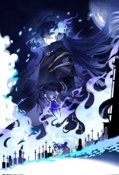 Rule 34 | 1boy, antenna hair, belt, black belt, black capelet, black coat, black gloves, blue fire, blue hair, capelet, closed mouth, coat, collared capelet, fire, flins (genshin impact), genshin impact, gloves, graveyard, hair between eyes, hashtag-only commentary, high collar, highres, holding, holding lantern, lantern, lobsangleaf, long hair, long sleeves, male focus, solo, yellow eyes