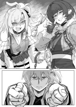 Rule 34 | 1boy, 2girls, ahoge, animal ear piercing, animal ears, breasts, cissia (zenless zone zero), cleavage, commentary request, cuffs, fingerless gloves, fingernails, gloves, greyscale, handcuffs, highres, holding, holding handcuffs, jacket, jane doe (zenless zone zero), kankan33333, large breasts, leaning forward, long fingernails, midriff, miniskirt, monochrome, mouse ears, multiple girls, one side up, shaded face, skirt, smile, snake, surrendering, wise (zenless zone zero), zenless zone zero