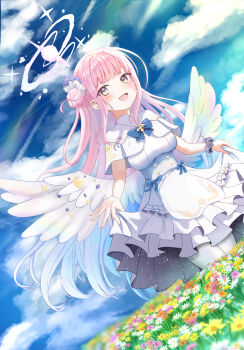 1girl :d absurdres angel_wings blue_archive blue_bow blue_bowtie blue_hair blue_sky blunt_bangs blush bow bowtie breasts buttons capelet cloud commentary_request day double-breasted dress feathered_wings field floating_hair flower flower_field frilled_dress frills gradient_hair hair_bun hair_flower hair_ornament halo happy highres ice_night328 large_breasts long_hair looking_at_viewer low_wings mika_(blue_archive) multicolored_hair nature open_mouth outdoors pantyhose pink_flower pink_hair pink_halo purple_flower sidelocks single_side_bun skirt_hold sky sleeveless sleeveless_dress smile solo two-tone_hair very_long_hair white_capelet white_dress white_flower white_pantyhose white_wings wings yellow_eyes yellow_flower