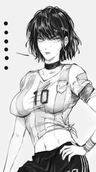 1girl argentina argentinian_flag argentinian_flag_print ball black_choker black_hair black_shorts breasts choker cosplay flag_print fubuki_(one-punch_man) highres large_breasts lionel_messi lionel_messi_(cosplay) looking_at_viewer midriff navel one-punch_man peiluona_dejumimi shoes short_hair shorts sneakers soccer soccer_ball soccer_uniform socks solo sportswear thick_thighs thighs unamused wrist_cuffs
