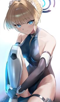 1girl absurdres bare_shoulders blonde_hair blue_archive blue_eyes blue_halo bun_cover earpiece elbow_gloves fingerless_gloves gloves hair_bun halo halter_leotard halterneck heattech_leotard highleg highleg_leotard highres hugging_own_legs leotard looking_at_viewer maid_headdress may9 mecha_pilot_suit multicolored_leotard sitting sleeveless sleeveless_turtleneck smile solo toki_(abi-eshuh)_(blue_archive) toki_(blue_archive) turtleneck two-tone_leotard