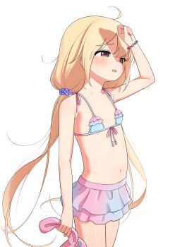 Rule 34 | 1girl, bikini, blonde hair, brown eyes, commentary request, flat chest, futaba anzu, highres, idolmaster, idolmaster cinderella girls, long hair, matanukinuki, simple background, solo, swimsuit, twintails, white background