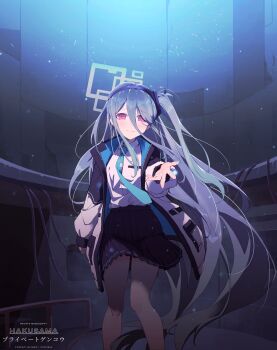 1girl absurdly_long_hair absurdres aqua_halo arm_at_side artist_name black_hairband black_jacket black_skirt blue_archive blue_jacket blue_necktie blush bright_pupils closed_mouth collared_shirt commentary_request commission double-parted_bangs feet_out_of_frame gradient_halo grey_hair hair_between_eyes hairband hakusama233 halo highres jacket kei_(blue_archive) light_particles light_smile long_bangs long_hair long_hair_between_eyes long_sleeves looking_at_viewer multicolored_halo multicolored_jacket necktie one_side_up open_clothes open_jacket outstretched_hand overlighting pleated_skirt puffy_long_sleeves puffy_sleeves reaching reaching_towards_viewer rectangular_halo red_eyes red_halo ringed_eyes school_uniform shirt shirt_tucked_in sidelocks skirt solo standing tie_clip two-sided_fabric two-sided_jacket very_long_hair white_jacket white_pupils white_shirt