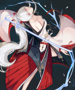 1girl absurdres bare_shoulders black_background breasts cleavage closed_mouth commentary feet_out_of_frame fingernails from_behind hair_between_eyes hair_ribbon highres hiyuki_(wuthering_waves) holding holding_sword holding_weapon ice innolays japanese_clothes jewelry katana long_fingernails long_hair looking_at_viewer medium_breasts miko mole mole_on_shoulder mole_under_eye necklace ponytail red_eyes red_ribbon ribbon simple_background solo standing sword taced turning_head weapon white_hair wide_sleeves wuthering_waves