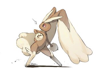 1girl animal_ears black_sclera body_fur brown_fur colored_sclera commentary full_body furry furry_female gen_4_pokemon highres looking_to_the_side lopunny nintendo pink_eyes pokemon pokemon_(creature) rabbit_ears rabbit_girl rabbit_tail simple_background sok_(mr14_c) solo standing surprised tail two-tone_fur white_background yellow_fur
