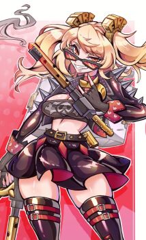 Rule 34 | 1girl, black gloves, black jacket, black skirt, black thighhighs, blonde hair, breasts, burnice white, cleavage, crop top, fire, flamethrower, gloves, grin, highres, holding flamethrower, holding weapon, imako chan, jacket, looking at viewer, looking over eyewear, orange eyes, skirt, smile, solo, spiked belt, sunglasses, teeth, thighhighs, tinted eyewear, twintails, weapon, zenless zone zero