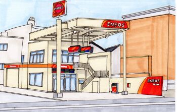 blue_sky building door eneos gas_station highres masaomi_shima no_humans sky window